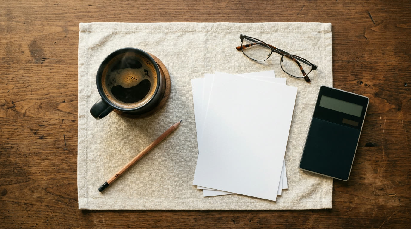Une table de cuisine avec un café, du papier et une calculatrice