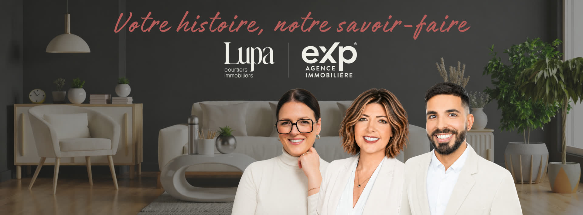 L'équipe Lupa : Claudia Robitaille, Marie-Claude Bégin et Nassim Harani, devant leur bannière Votre histoire, notre savoir-faire